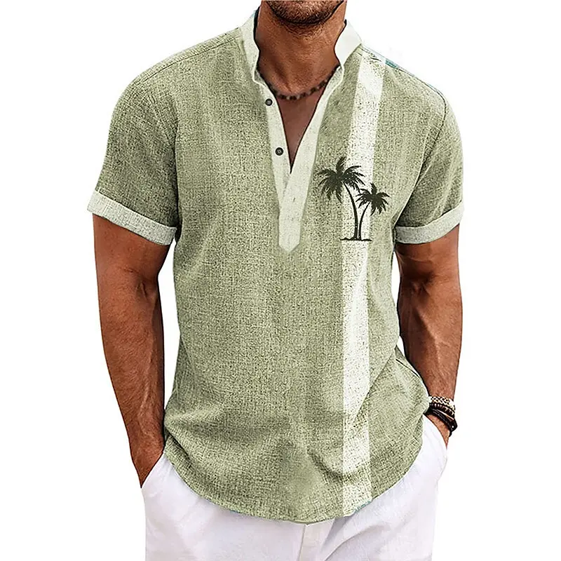 New Coconut Tree Striped 3D Print Henley Shirts Men's Oversized Button Stand Collar Short Sleeve T Shirt