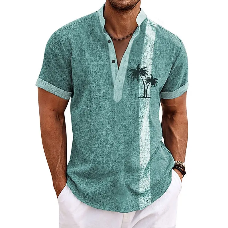 New Coconut Tree Striped 3D Print Henley Shirts Men's Oversized Button Stand Collar Short Sleeve T Shirt