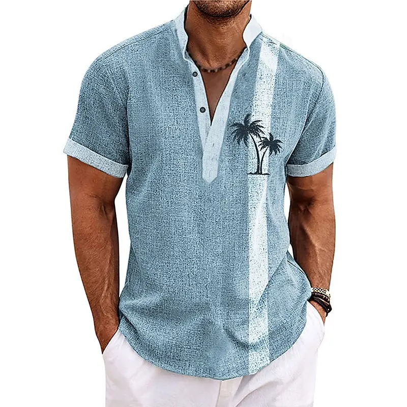 New Coconut Tree Striped 3D Print Henley Shirts Men's Oversized Button Stand Collar Short Sleeve T Shirt