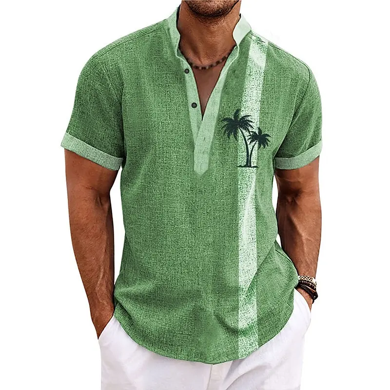 New Coconut Tree Striped 3D Print Henley Shirts Men's Oversized Button Stand Collar Short Sleeve T Shirt