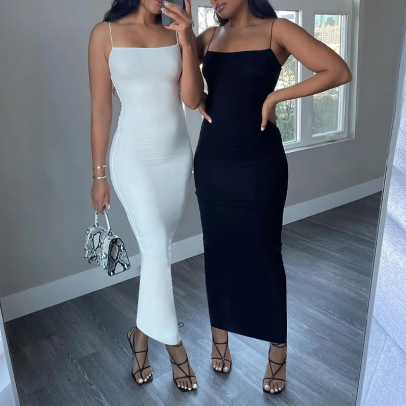 2025 Summer Black Sexy Dress Women Streetwear Sleeveless Backless Solid Spaghetti Strap Casual Clubwear Dress