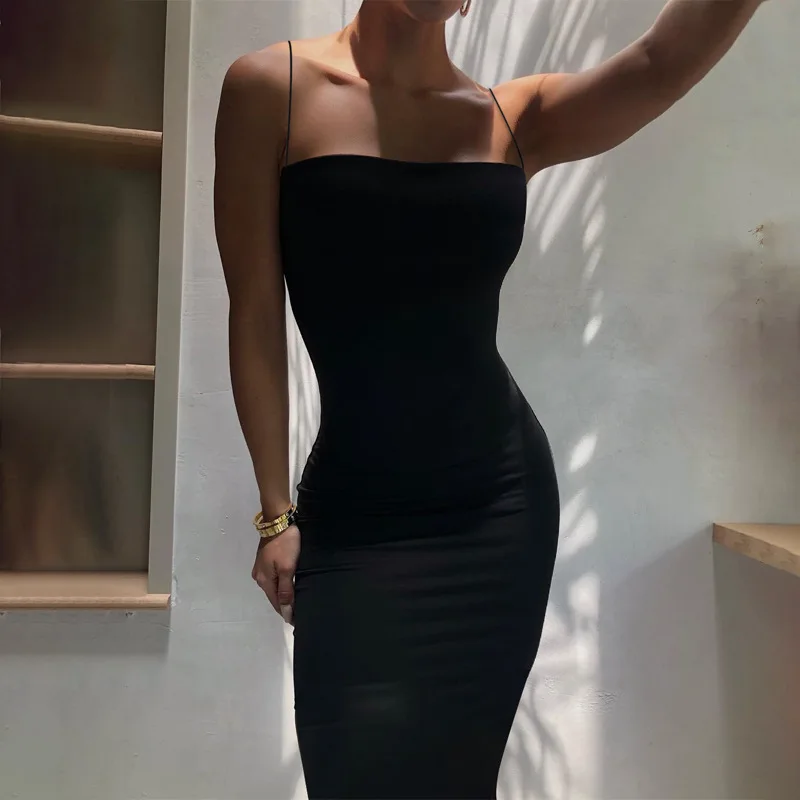 2025 Summer Black Sexy Dress Women Streetwear Sleeveless Backless Solid Spaghetti Strap Casual Clubwear Dress