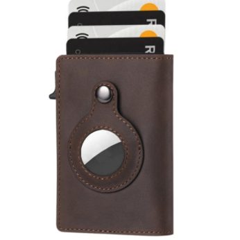 Slim Leather AirTag Wallet with Anti-Theft Protection - RFID Blocking Bullet Card Holder, Multi-Functional Design for Men, Fits Airtag (Air Tag Not Included)