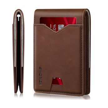 Genuine Leather Slim Bifold Wallet - Brown Minimalist Design with RFID Block, 11 Card Slots, Money Pocket & ID Window