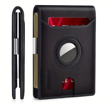 Minimalist Front Pocket Airtag Wallet - Genuine Leather Bifold with RFID Blocking, Holds Up to 11 Cards