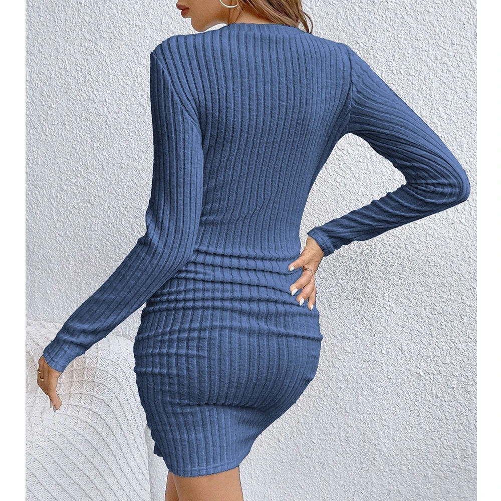 2026 Women's Dresses Autumn Fitting Slim Plain Long Sleeve V-Neck Bodysuit Mini Casual Dresses