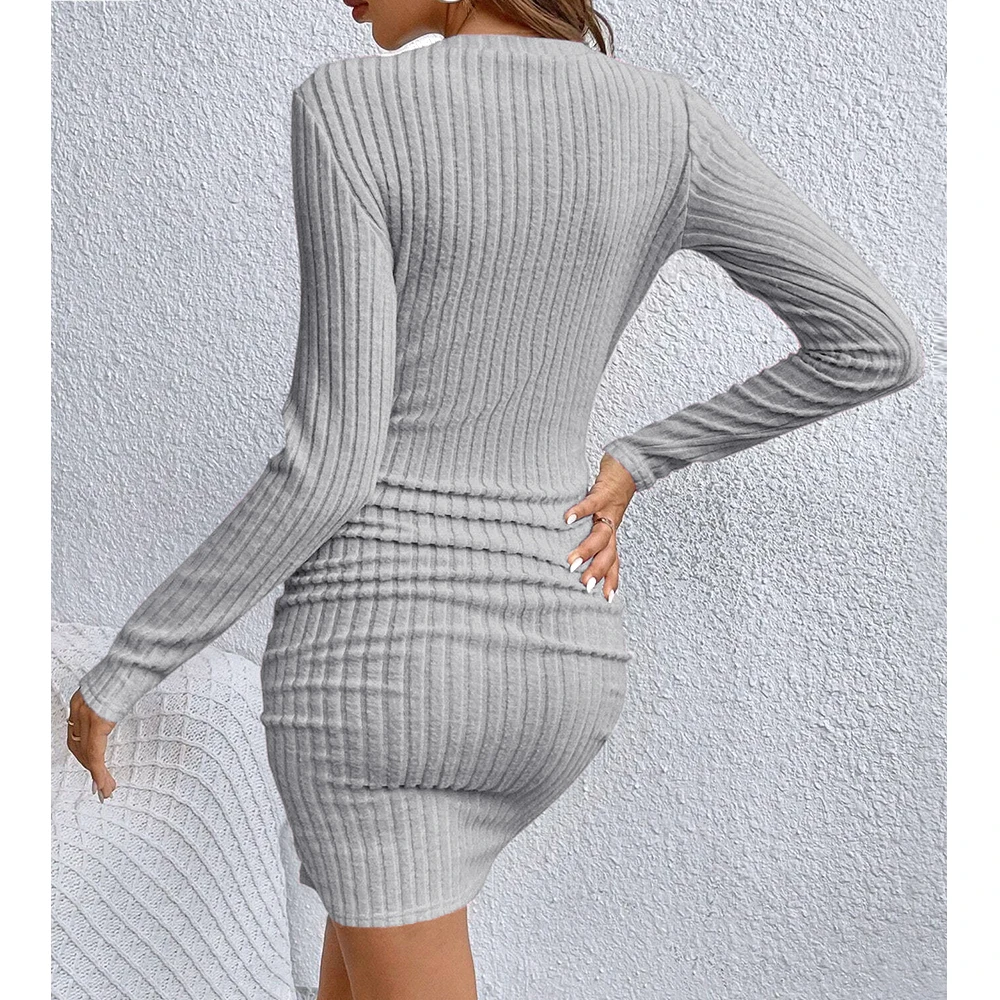 2026 Women's Dresses Autumn Fitting Slim Plain Long Sleeve V-Neck Bodysuit Mini Casual Dresses