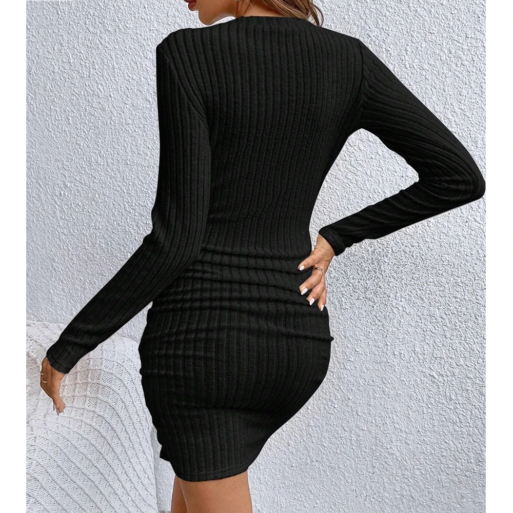 2026 Women's Dresses Autumn Fitting Slim Plain Long Sleeve V-Neck Bodysuit Mini Casual Dresses