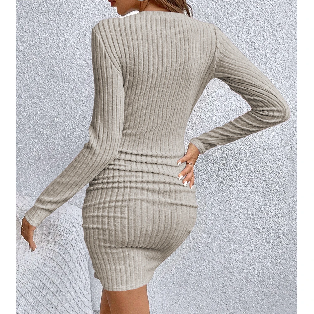 2026 Women's Dresses Autumn Fitting Slim Plain Long Sleeve V-Neck Bodysuit Mini Casual Dresses