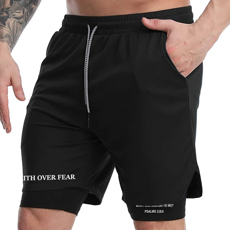 2026 Print 2 in 1 Running Workout Shorts for Men Christian Gym Athletic Performance Shorts