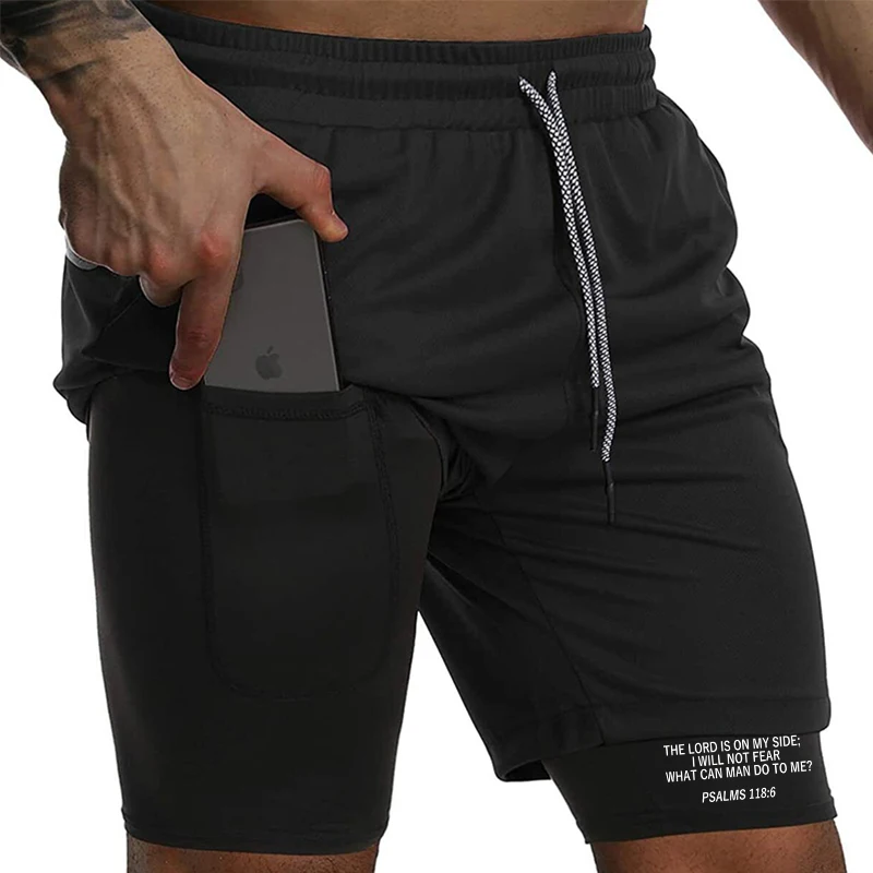 2026 Print 2 in 1 Running Workout Shorts for Men Christian Gym Athletic Performance Shorts